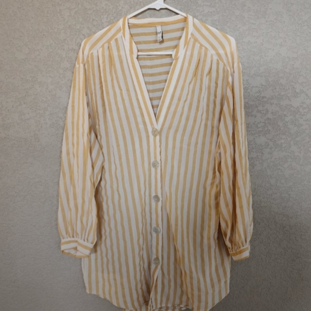 Zara yellow and white v neck  striped button down  tunic size large